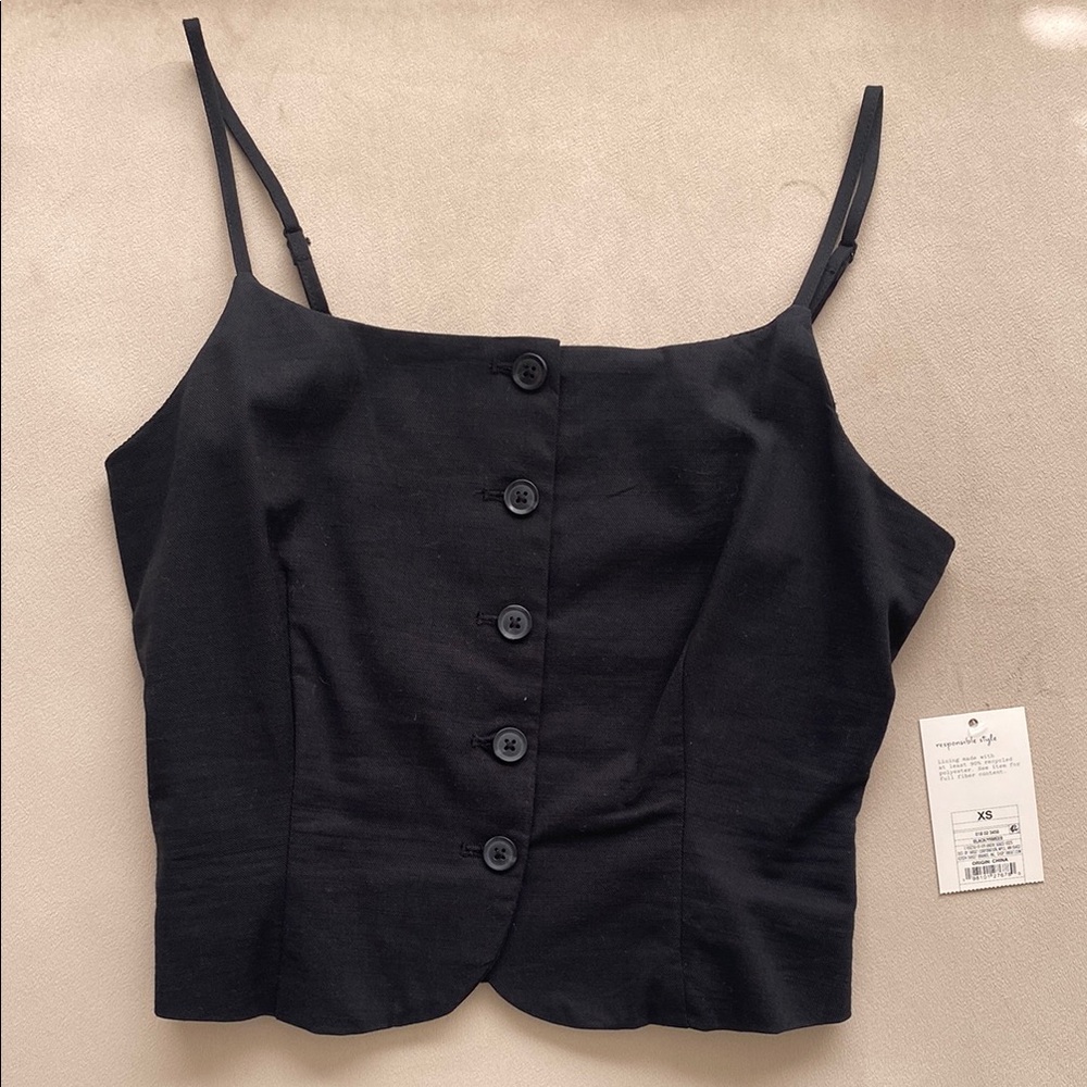 Black Button-Up Vest Women's Top